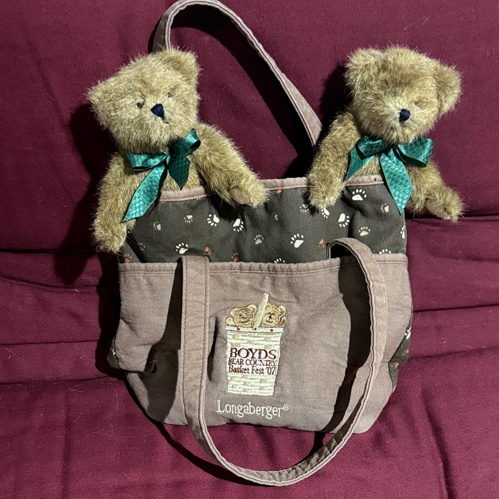Boyds Bear Country Basket Fest Longaberger ‘07 Brown Tote Bag w/2 Bears!! 🐻 🐻